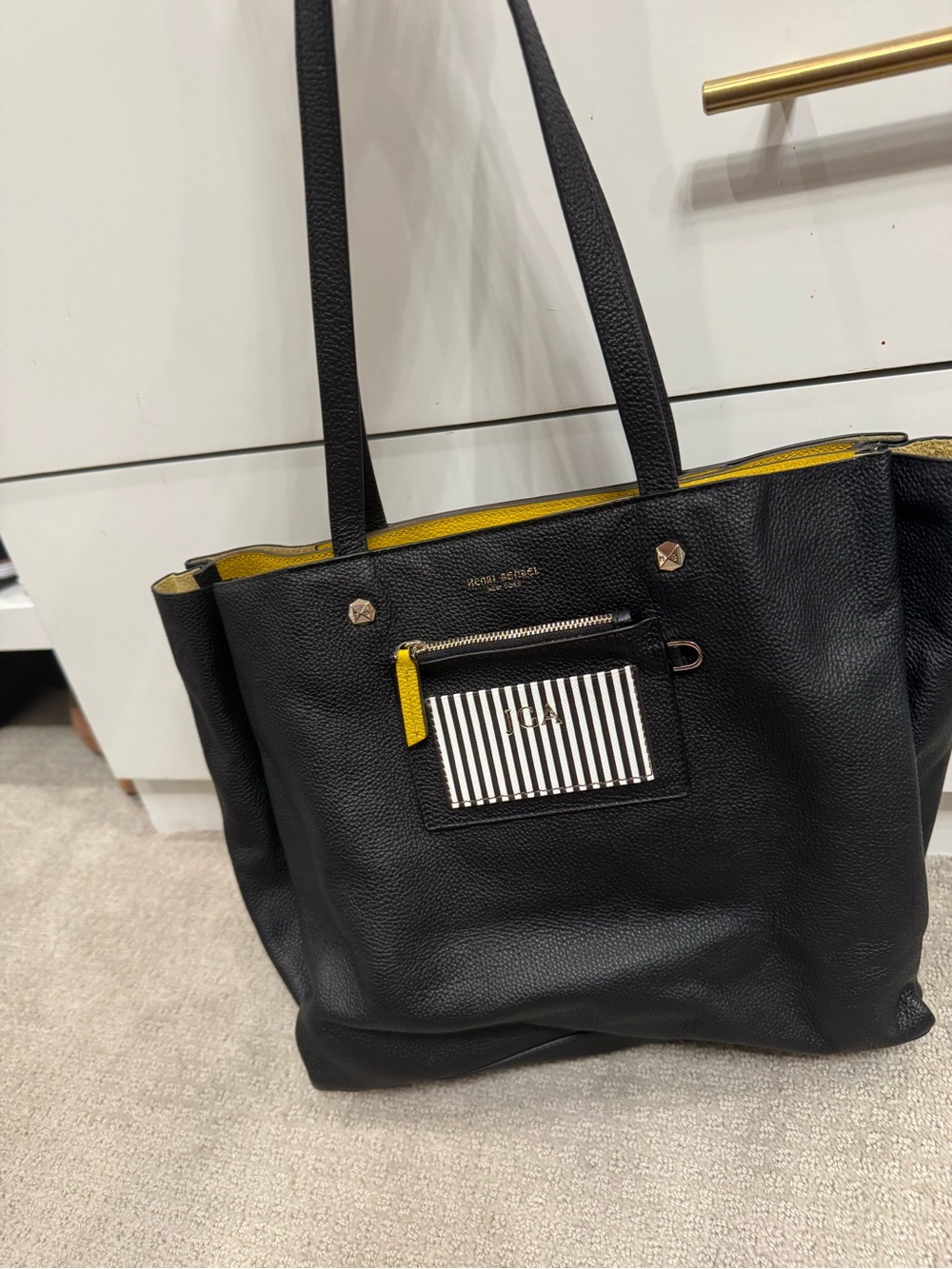 henri bendel Black Tote with Yellow Trim and Striped Pocket